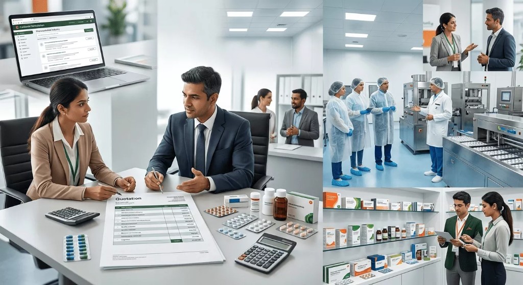 Business negotiation over a pharmaceutical manufacturing quotation with facility and product review scenes