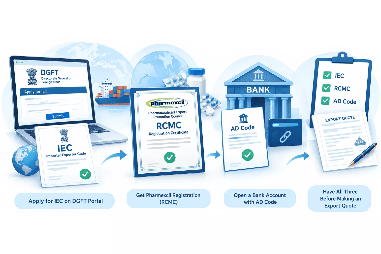 Getting IEC, Pharmexcil RCMC Registration and AD Code for Medicine Exports from India