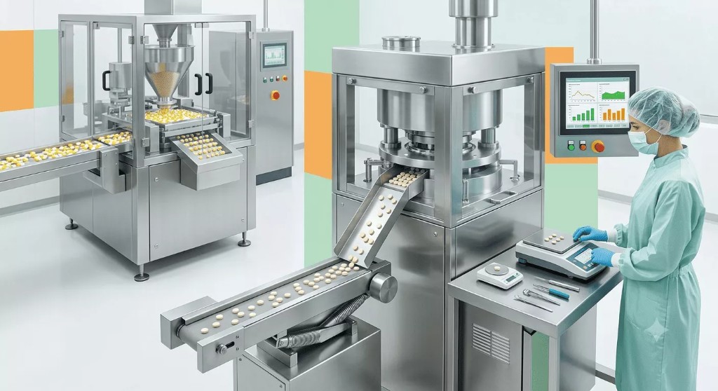 Rotary tablet press producing tablets in a pharmaceutical manufacturing facility
