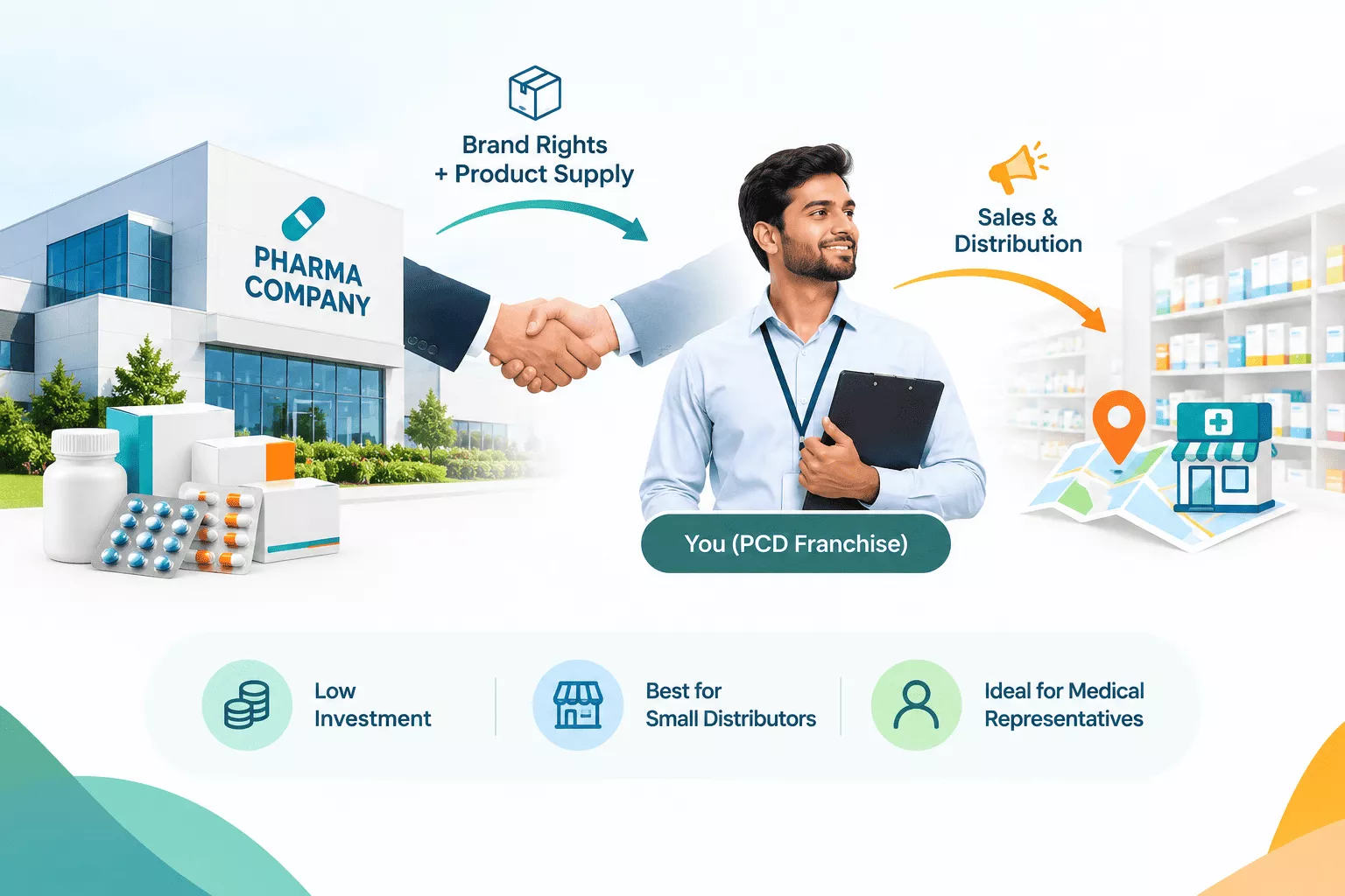 PCD pharma franchise model: pharma company gives brand rights and product supply to the franchise partner, who handles sales and distribution