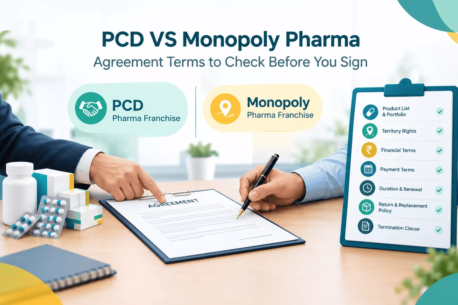 Two people reviewing a pharma franchise agreement next to a checklist of terms to check before signing