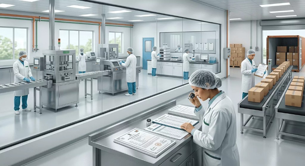 QC professional inspecting WHO-GMP and regulatory certificates in a sterile manufacturing facility