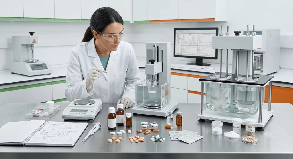 Scientist testing tablets, capsules, APIs and excipients at a pharmaceutical formulation bench