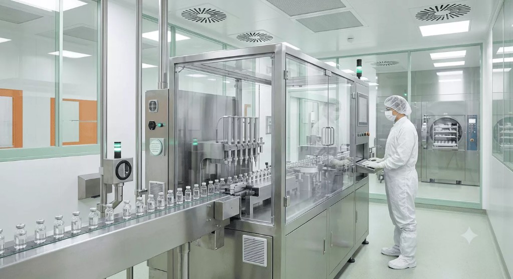 Technician operating an aseptic vial filling line in a sterile cleanroom